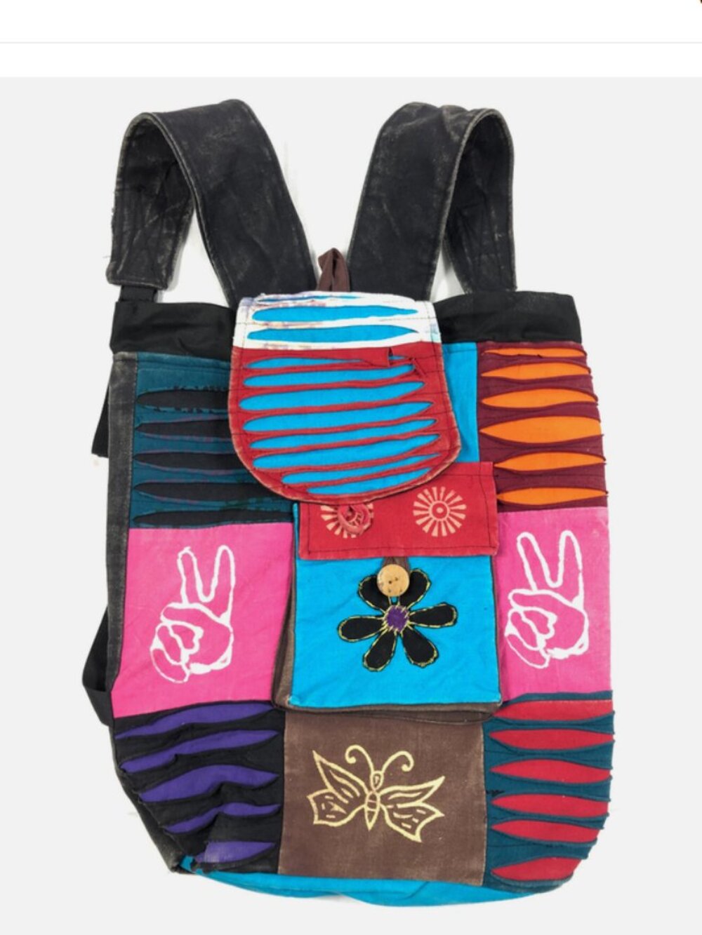 Nepal Bucket Back Pack Rising International Multi Color Razor Cut Peace Sign